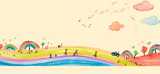 幼儿园清新黄色卡通淡雅手绘汽车彩虹树木云彩背景